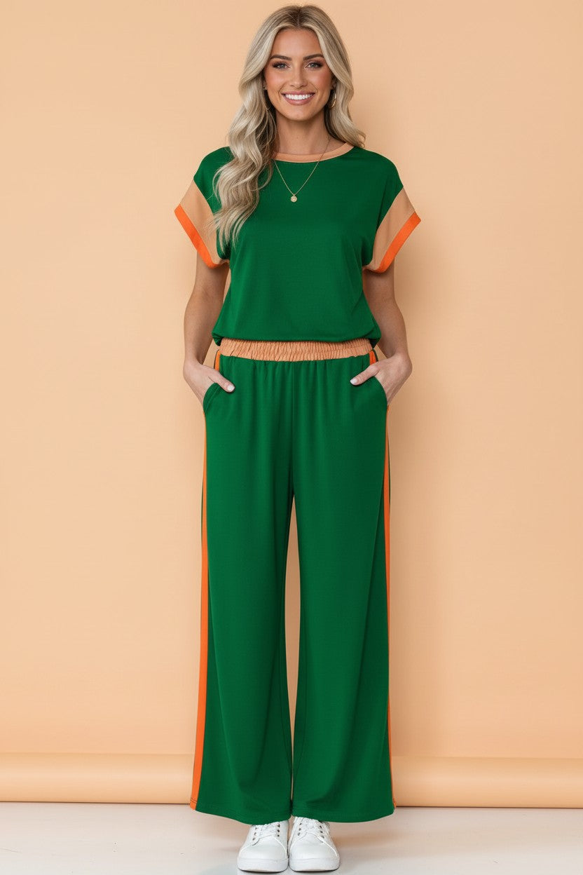 Colorblock Top met Korte Mouwen & Wide Leg Broek Set