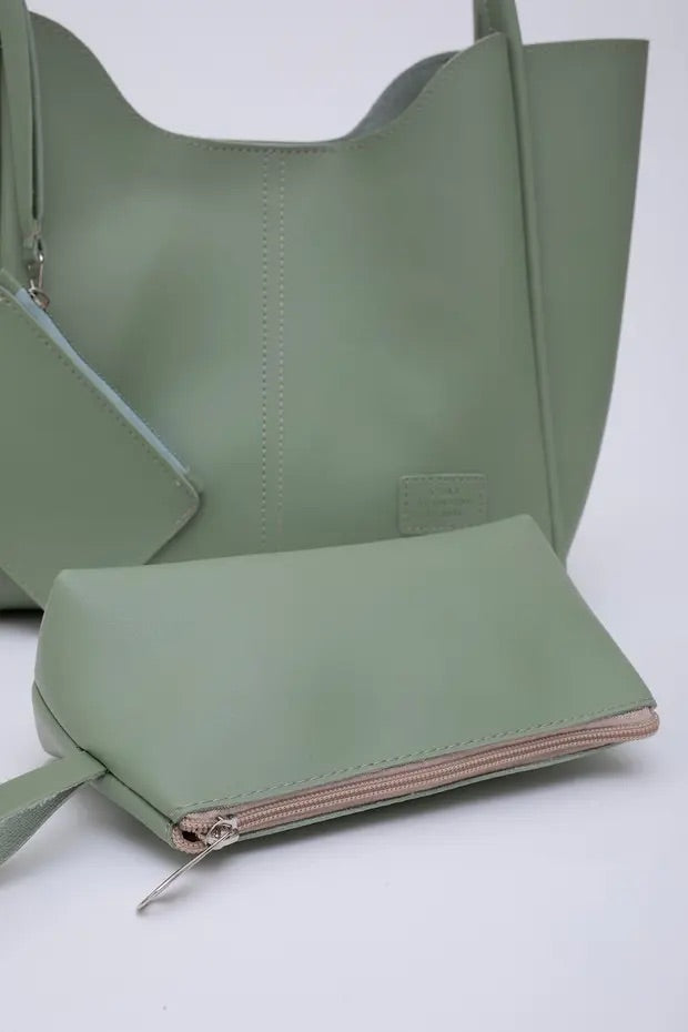 Mintgroene SHK108 handtas van kunstleer voor dames met portemonnee en make-uptasje