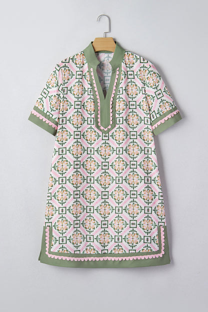 Boho Geometrische Bloemen Jurk met Korte Mouwen