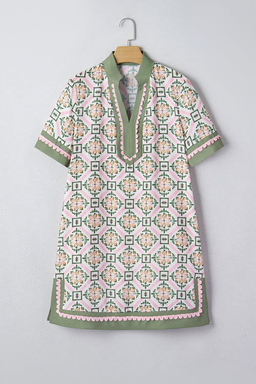 Boho Geometrische Bloemen Jurk met Korte Mouwen