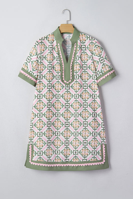 Boho Geometrische Bloemen Jurk met Korte Mouwen