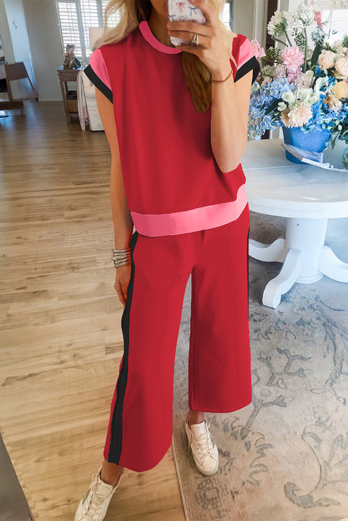 Colorblock Top met Korte Mouwen & Wide Leg Broek Set
