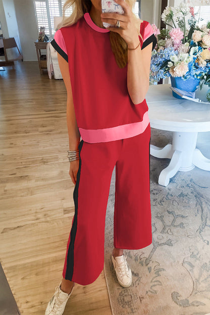 Colorblock Top met Korte Mouwen & Wide Leg Broek Set