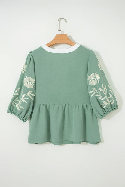 Geborduurde Colourblock Babydoll Blouse met Pofmouwen en Bloemenprint